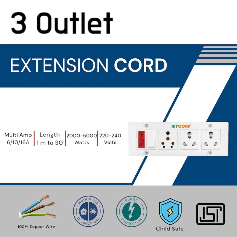BITCORP Bitcorp Extension Board Heavy Duty Box 6A 16A 20A with Thermal Protection 3 Way Socket 1 Switch 2000W Surge Protection with 15 Meter Long Cable Cord Wall Mount White  - Image 2