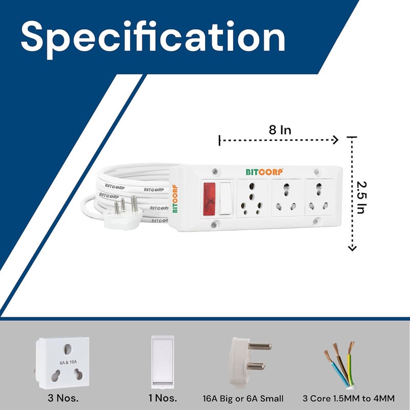 BITCORP Bitcorp Extension Board Heavy Duty Box 6A 16A 20A with Thermal Protection 3 Way Socket 1 Switch 2000W Surge Protection with 15 Meter Long Cable Cord Wall Mount White  - Image 3