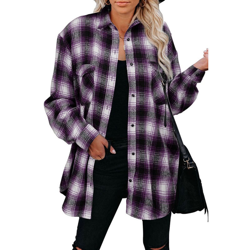 Women's Plaid Shirt Autumn Winter Long Sleeve Loose Fit Turn-down Collar Shirt - Image 5