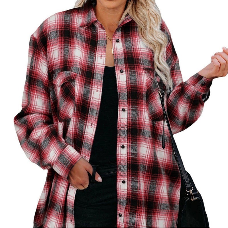 Women's Plaid Shirt Autumn Winter Long Sleeve Loose Fit Turn-down Collar Shirt - Image 4