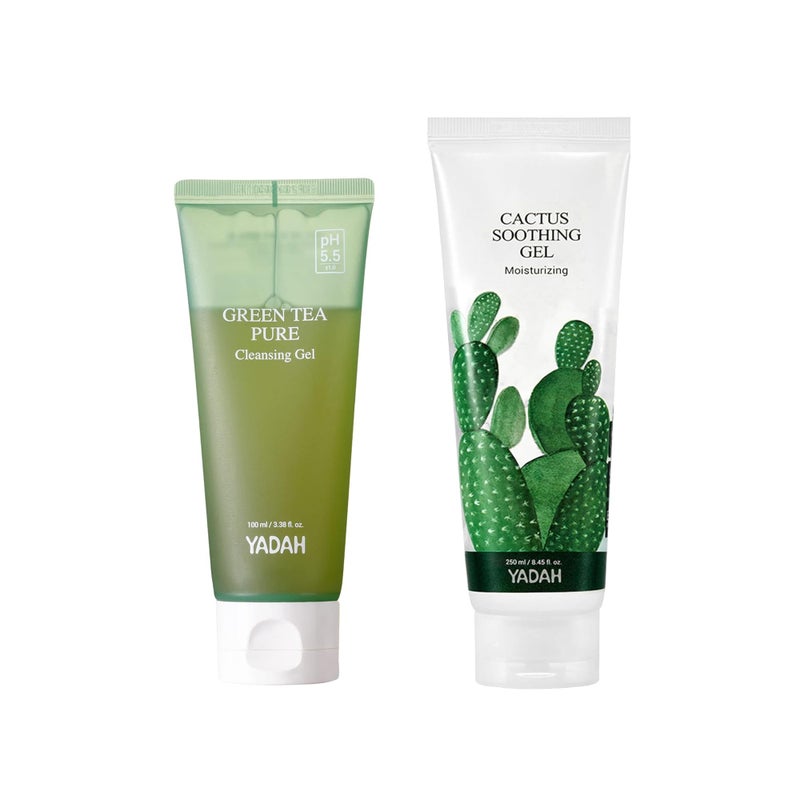 YADAH Green Tea Pure Cleansing Gel, 3.4 Fl Oz & Cactus Soothing Gel (8.45fl oz) pH Balanced Foaming Gel Cleanser Vegan Sunburn Relief Korean Skin Care - Image 1