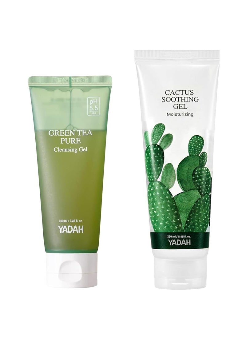 YADAH - YADAH Green Tea Pure Cleansing Gel, 3.4 Fl Oz & Cactus Soothing Gel (8.45fl oz) pH Balanced Foaming Gel Cleanser Vegan Sunburn Relief Korean Skin Care - Image 1
