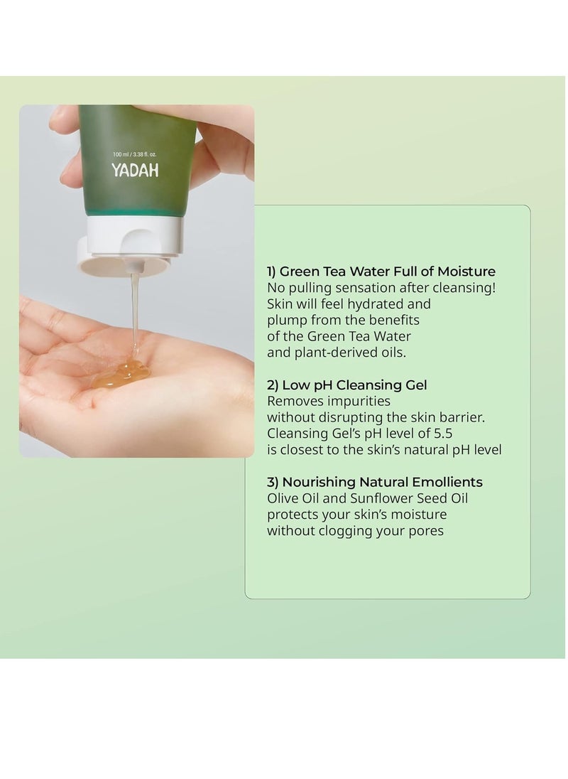 YADAH - YADAH Green Tea Pure Cleansing Gel, 3.4 Fl Oz & Cactus Soothing Gel (8.45fl oz) pH Balanced Foaming Gel Cleanser Vegan Sunburn Relief Korean Skin Care - Image 1