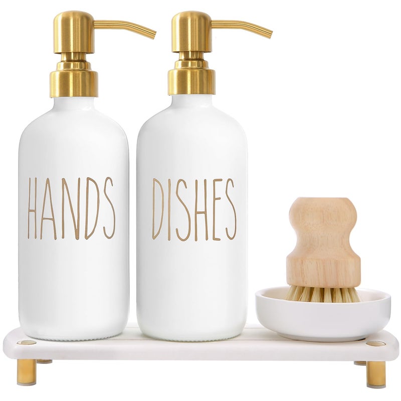 MOMEEMO Gold Soap Dispenser Set Comes with Stainless Steel Pumps, Instant Dry Tray, and Dish Scrub Brush, Suitable for Kitchen Decor and Accessories. (Gold) - Image 1