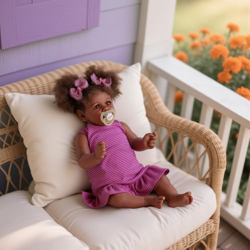 JIZHI Reborn Baby Dolls Black 22 Inch Lifelike Soft Body RealisticNewborn Baby Dolls Taupe Eyes Caramel Skin Tone Pink Striped Skirt Real Life and Toy Accessories Gift for Kids Age 3 - Image 5