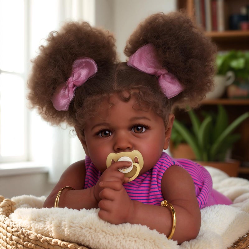 JIZHI Reborn Baby Dolls Black 22 Inch Lifelike Soft Body RealisticNewborn Baby Dolls Taupe Eyes Caramel Skin Tone Pink Striped Skirt Real Life and Toy Accessories Gift for Kids Age 3 - Image 4