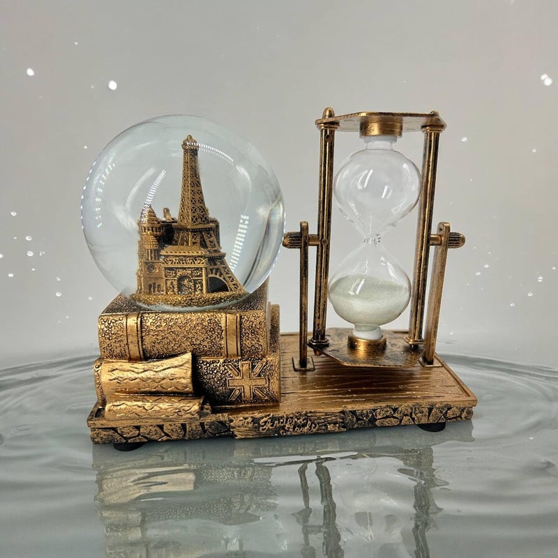 VIBRAL LED Music Crystal Snow Globe with Hourglass Vintage Paris Eiffel Tower Home Decoration for Living Room TV Cabinet Desktop Decor Pack of 1Golden Crystal Snow Globe