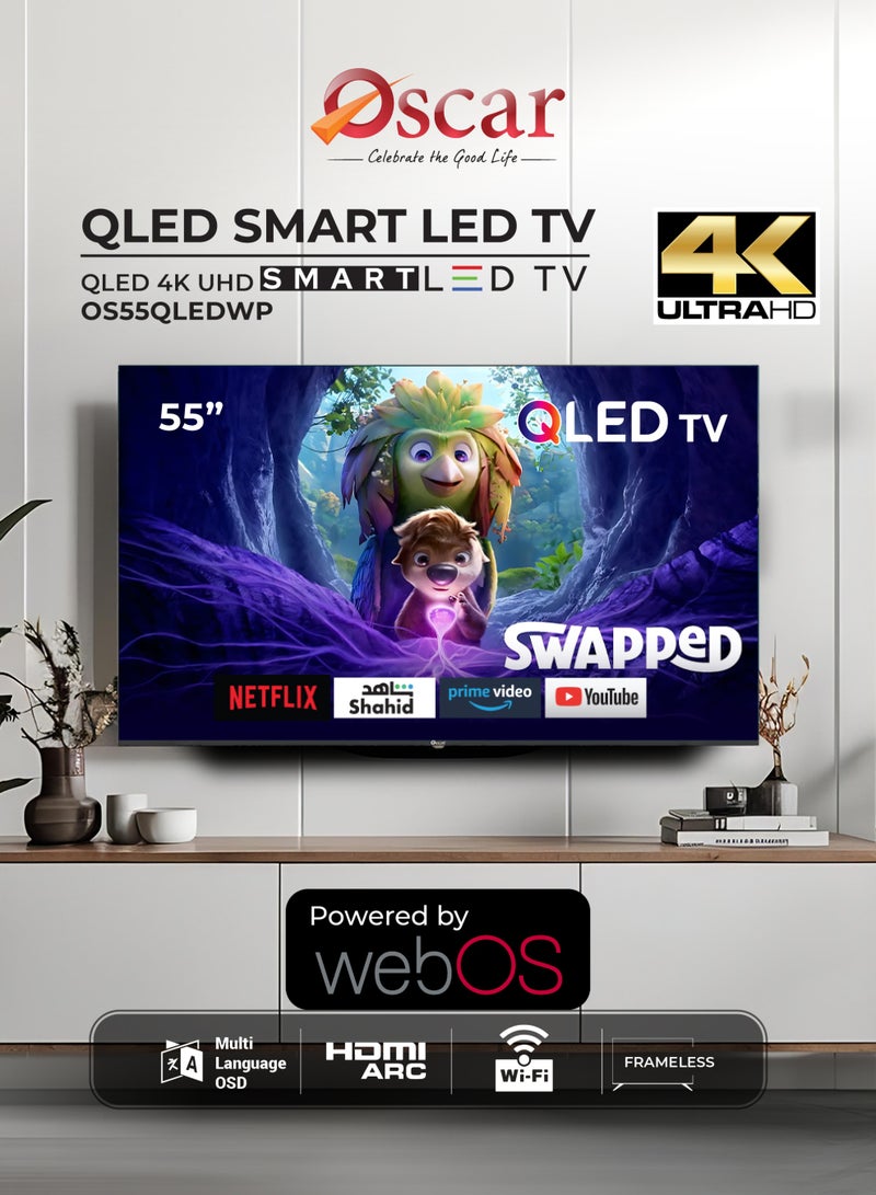 أوسكار تلفزيون أوسكار الذكي QLED مقاس 55 بوصة، شاشة عرض عالية النطاق اللوني DCI-P3 بنسبة 90%، تصميم بدون إطار، يدعم Apple AirPlay وMiracast لعكس الشاشة، متوافق مع Apple Home، تلفزيون ذكي باللغتين الإنجليزية والعربية - OS55QLEDWP - Image 2