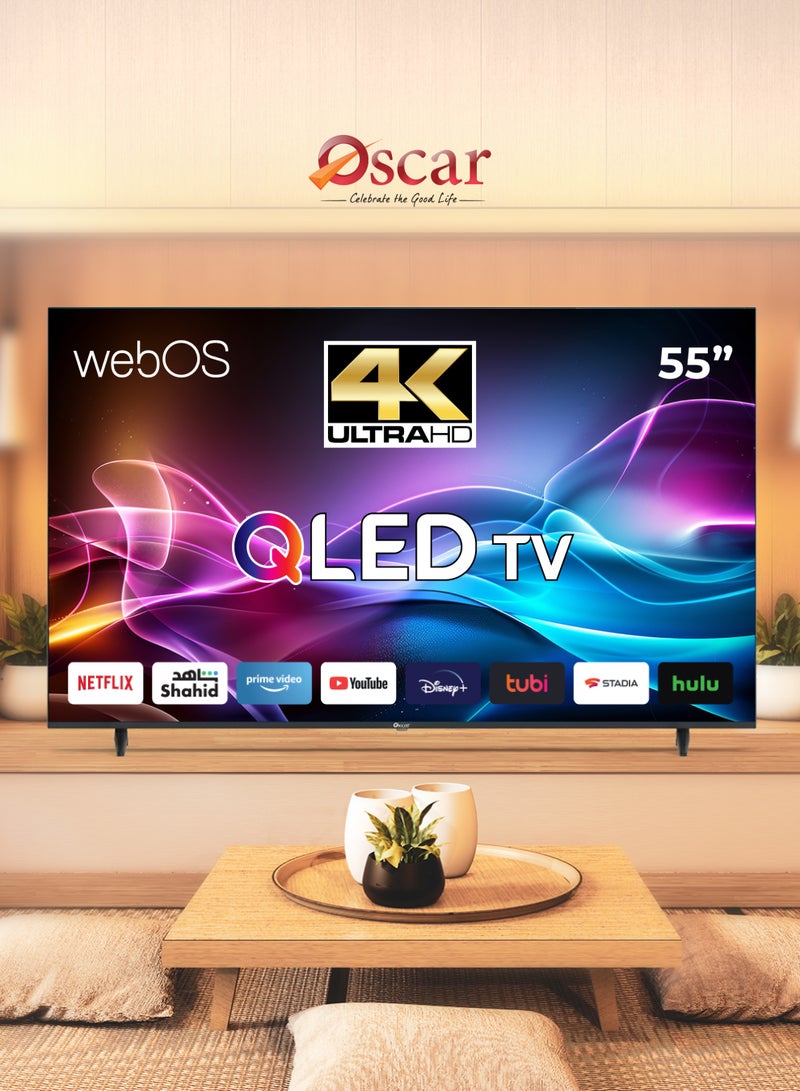 أوسكار تلفزيون أوسكار الذكي QLED مقاس 55 بوصة، شاشة عرض عالية النطاق اللوني DCI-P3 بنسبة 90%، تصميم بدون إطار، يدعم Apple AirPlay وMiracast لعكس الشاشة، متوافق مع Apple Home، تلفزيون ذكي باللغتين الإنجليزية والعربية - OS55QLEDWP - Image 1