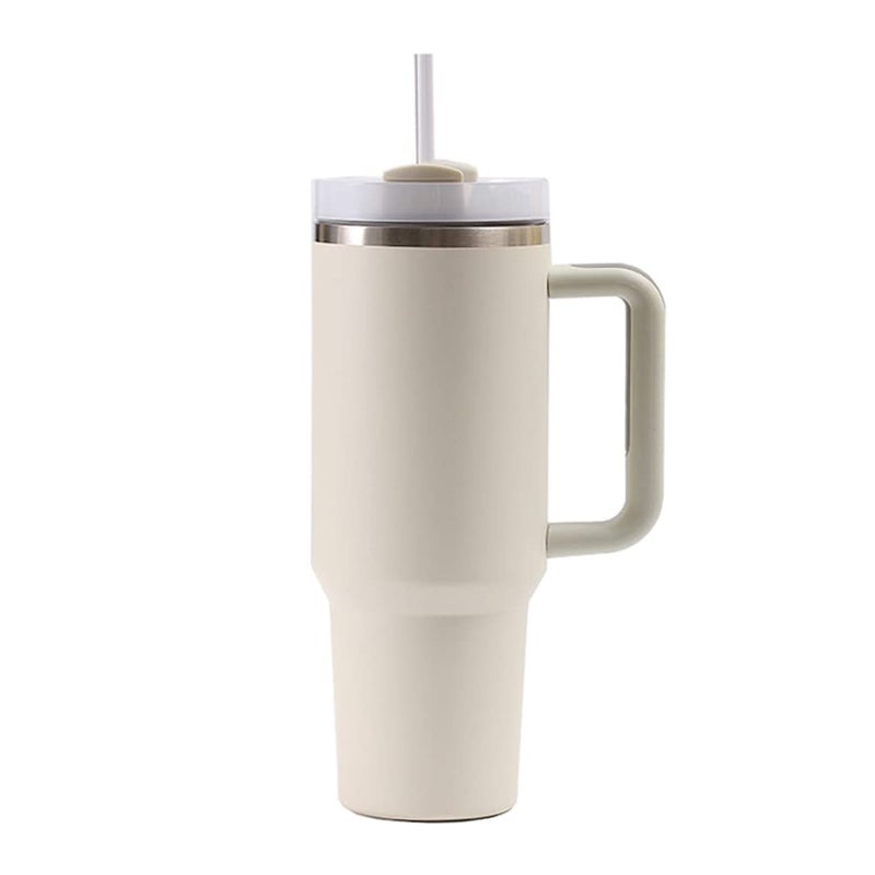 Moollyfox Double Walled Stainless Steel Vacuum Insulation Cup with Handle 1200 ml Portable Travel Mug Car Mug Thermal Cup with Straw and Lid Beige - Image 1
