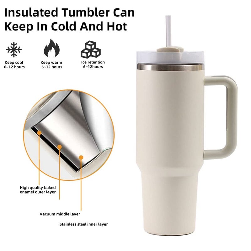 Moollyfox Double Walled Stainless Steel Vacuum Insulation Cup with Handle 1200 ml Portable Travel Mug Car Mug Thermal Cup with Straw and Lid Beige - Image 3