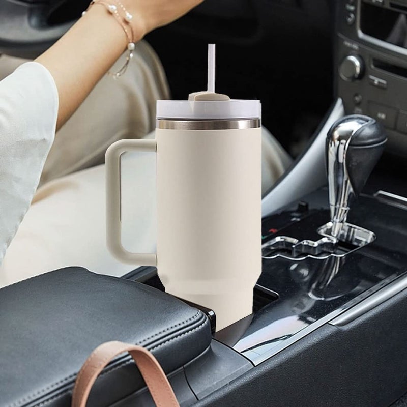Moollyfox Double Walled Stainless Steel Vacuum Insulation Cup with Handle 1200 ml Portable Travel Mug Car Mug Thermal Cup with Straw and Lid Beige - Image 4