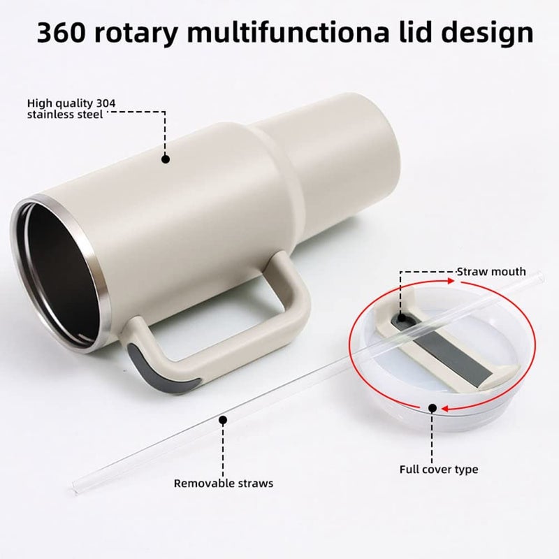 Moollyfox Double Walled Stainless Steel Vacuum Insulation Cup with Handle 1200 ml Portable Travel Mug Car Mug Thermal Cup with Straw and Lid Beige - Image 2