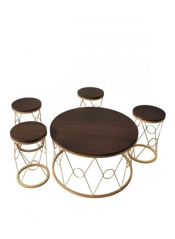5-Piece Round Coffee Table Set – Iron Frame with Brown Wooden Top – Modern Living Room & Majlis Furniture – 1 Round Center Table + 4 Side Tables
