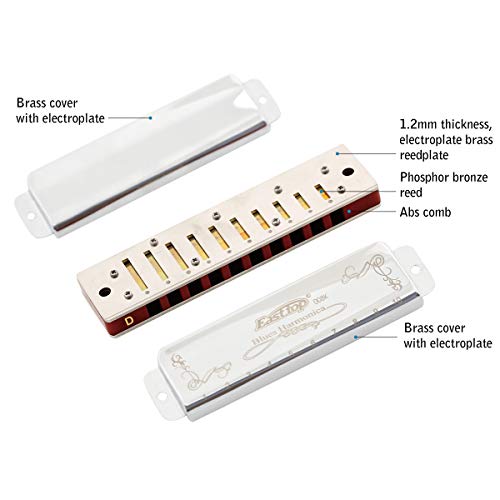 East top Diatonic Harmonica Key of D 10 Holes 20 Tones 008K Blues Diatonic Mouth Organ Harmonica with Silver Cover, Standard Harmonicas For Adults, Professionals and Students - Image 3