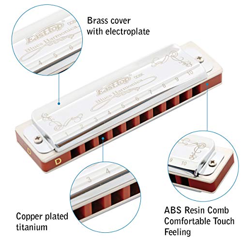 East top Diatonic Harmonica Key of D 10 Holes 20 Tones 008K Blues Diatonic Mouth Organ Harmonica with Silver Cover, Standard Harmonicas For Adults, Professionals and Students - Image 2