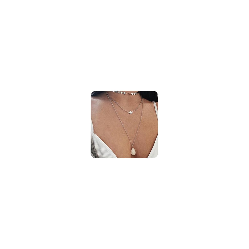 Chmier Bohemia Layered Choker Necklace Silver Disc Choker Dove Necklace Gemstone Necklace Pigeon Gem Charm Pendant Necklace Peace Jewelry for Women