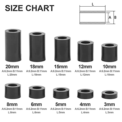 Exqutoo Black ABS Round Washers ID 6.2mm,OD 11mm, 3mm 4mm 5mm 6mm 8mm 10mm 15mm 18mm 20mm Length, Assortment Kit, Non-Threaded, Suitable for M6 Screws Hardware Spacer Bracket - Image 2