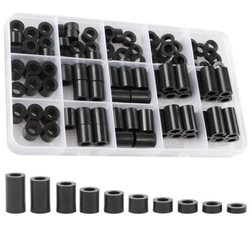 Exqutoo Black ABS Round Washers ID 6.2mm,OD 11mm, 3mm 4mm 5mm 6mm 8mm 10mm 15mm 18mm 20mm Length, Assortment Kit, Non-Threaded, Suitable for M6 Screws Hardware Spacer Bracket - Image 1
