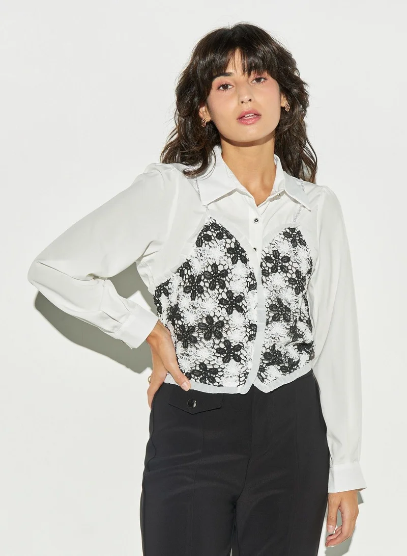 2Xtremz 2Xtremz Floral Lace Overlay Shirt with Pearl Embellishments
