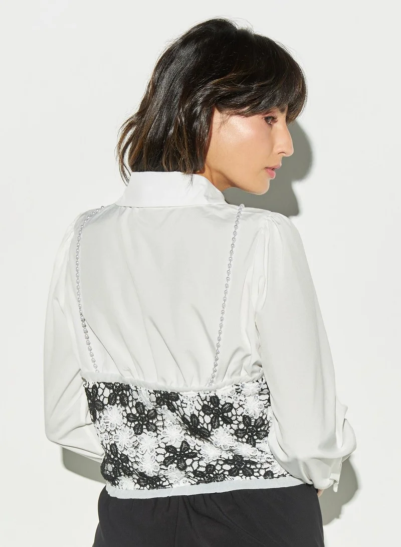 2Xtremz 2Xtremz Floral Lace Overlay Shirt with Pearl Embellishments