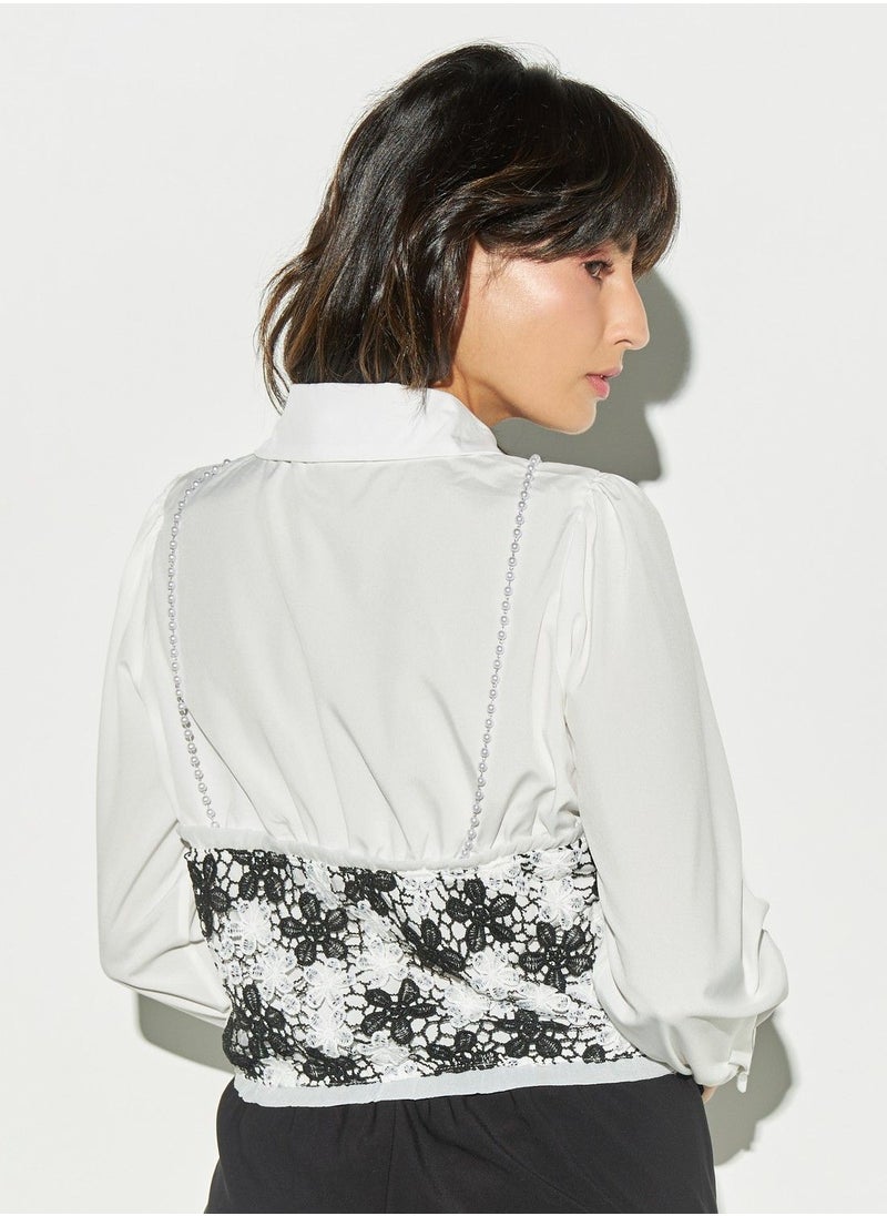 2Xtremz - 2Xtremz Floral Lace Overlay Shirt with Pearl Embellishments - Image 1