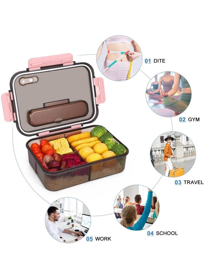Arabest Bento Lunch Box, 3 Compartment Lunch Containers for Adults and Kids, Food Grade Plastic Lunch Box with with Spoon & Fork, BPA Free, Leak-proof, Dishwasher Safe, Microwave Safe (Pink) - Image 2
