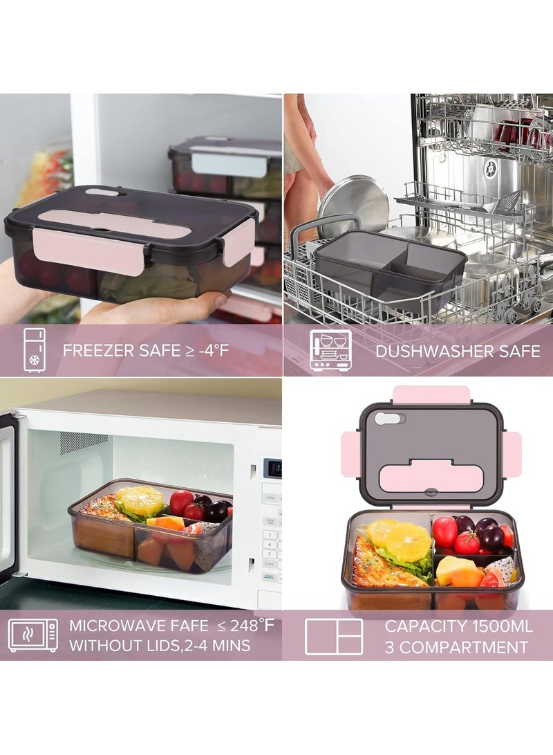 Arabest Bento Lunch Box, 3 Compartment Lunch Containers for Adults and Kids, Food Grade Plastic Lunch Box with with Spoon & Fork, BPA Free, Leak-proof, Dishwasher Safe, Microwave Safe (Pink) - Image 5