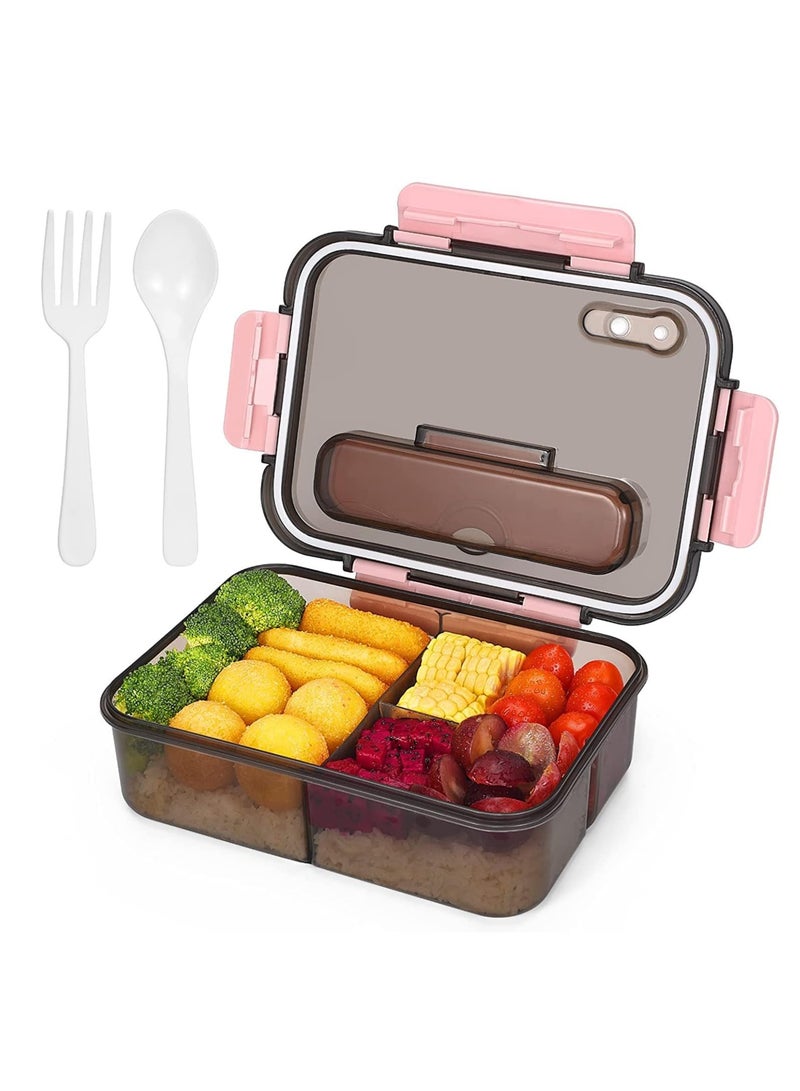 Arabest Bento Lunch Box, 3 Compartment Lunch Containers for Adults and Kids, Food Grade Plastic Lunch Box with with Spoon & Fork, BPA Free, Leak-proof, Dishwasher Safe, Microwave Safe (Pink) - Image 1