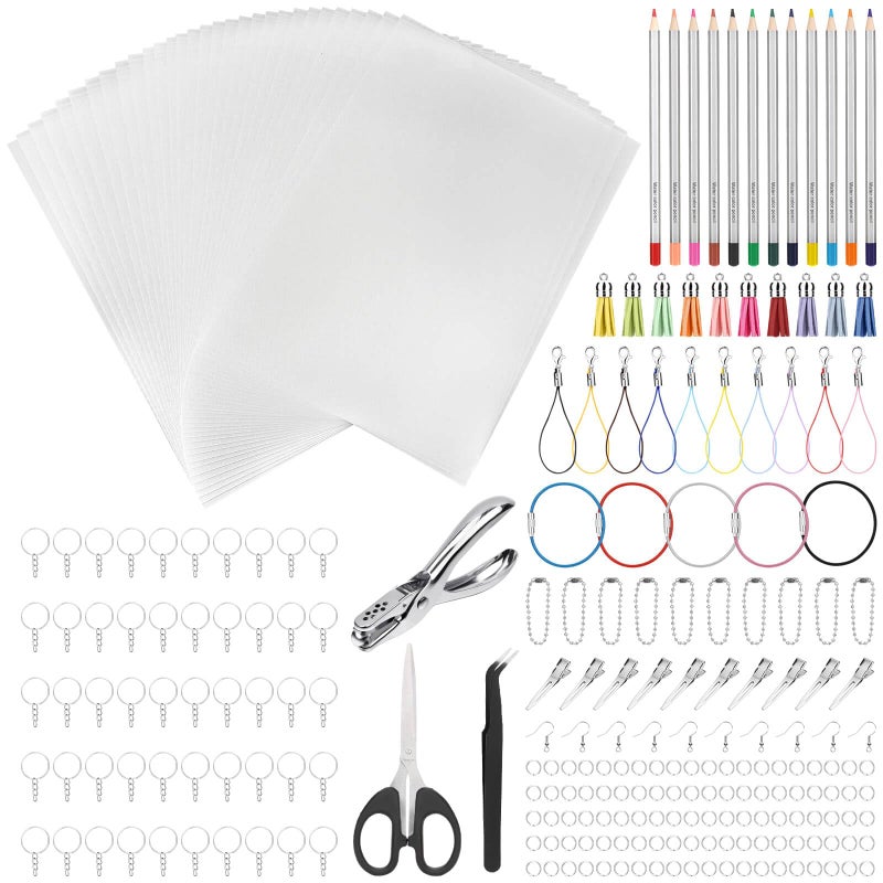 Thrilez 250 Pieces Shrinky Plastic Sheets Keychain kit, Including Shrinky Paper, Colored Pencils, Tassels, Keychain Rings, Hair Clips, Earring Hooks, Hole Punch for Creative Crafts - Image 1