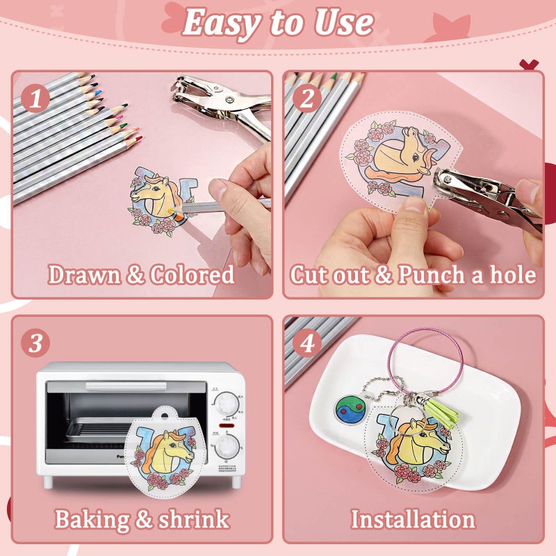 Thrilez 250 Pieces Shrinky Plastic Sheets Keychain kit, Including Shrinky Paper, Colored Pencils, Tassels, Keychain Rings, Hair Clips, Earring Hooks, Hole Punch for Creative Crafts - Image 5