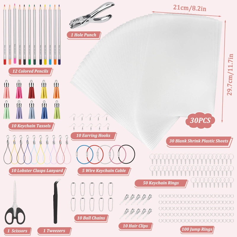 Thrilez 250 Pieces Shrinky Plastic Sheets Keychain kit, Including Shrinky Paper, Colored Pencils, Tassels, Keychain Rings, Hair Clips, Earring Hooks, Hole Punch for Creative Crafts - Image 3