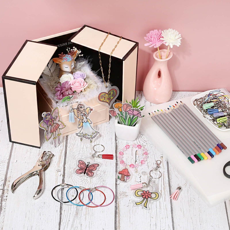 Thrilez 250 Pieces Shrinky Plastic Sheets Keychain kit, Including Shrinky Paper, Colored Pencils, Tassels, Keychain Rings, Hair Clips, Earring Hooks, Hole Punch for Creative Crafts - Image 2