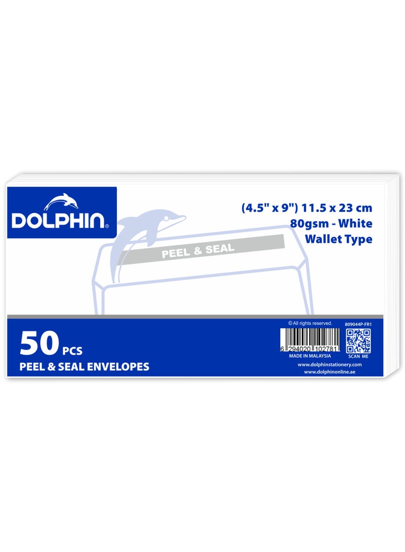 Dolphin Envelopes 4.5x9", 80 GSM, White, Pocket Type, Peel & Seal Closure – Pack of 50  - Image 2