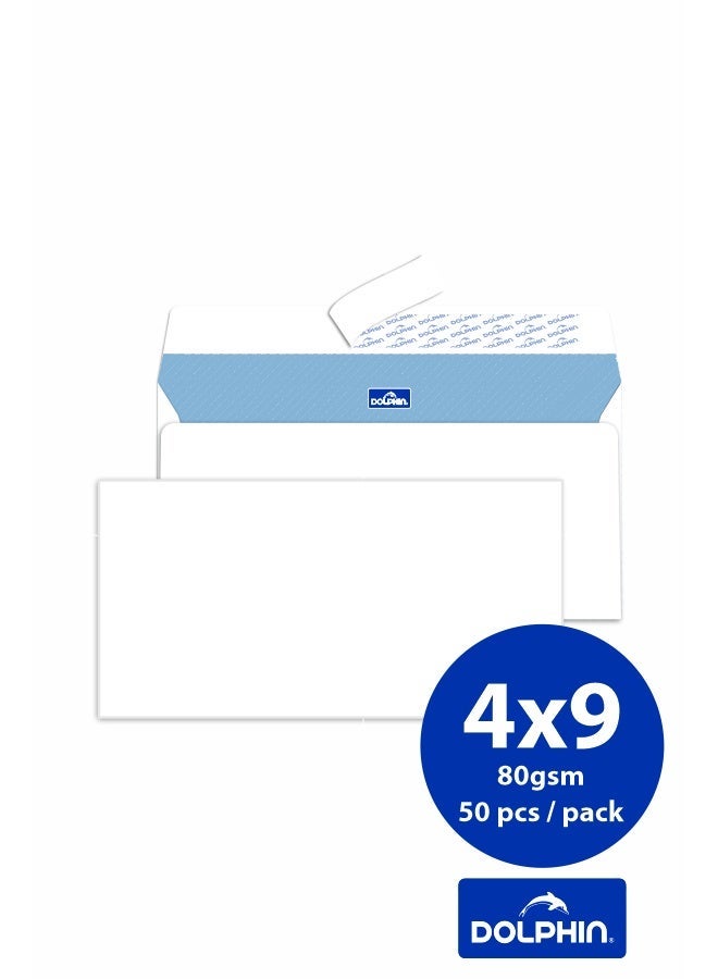 Dolphin White Pocket Envelopes 4.5 x 9 Inch 80 GSM Peel & Seal Closure, Pack of 50 - Image 1