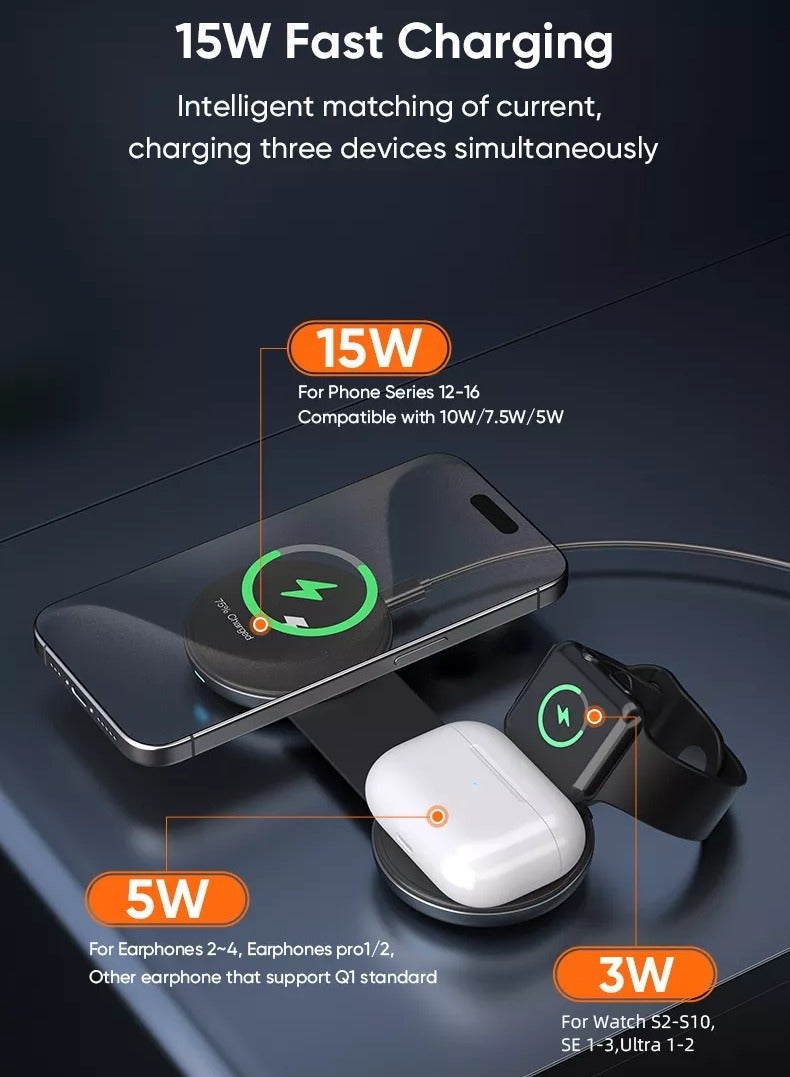 epicarma Qi2 Universal 3-in-1 Foldable Magnetic Wireless Charger 15W Phone + 5W AirPods + 3W Apple Watch – MagSafe Compatible for iPhone, Apple Watch, AirPods & Android Phones - Image 2