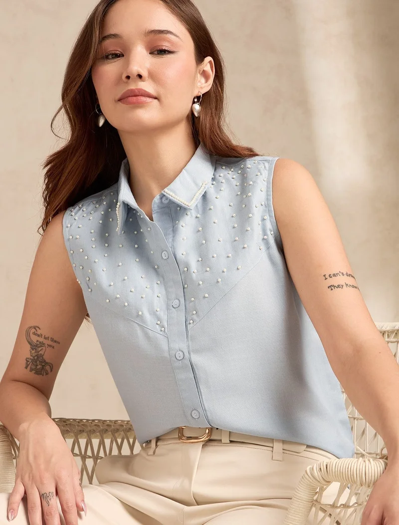 Outzidr  Blue Embellished Sleeveless Shirt for Women | Best Price UAE
