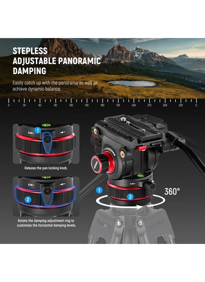 74" Video Tripod with Adjustable Damping Fluid Head, Metal Heavy Duty Dual-Mode QR Plate Compatible with DJI RS Gimbals, Flexible 360° Pan&+90°/-75° Tilt, Max Load 22lb/10kg, TP75