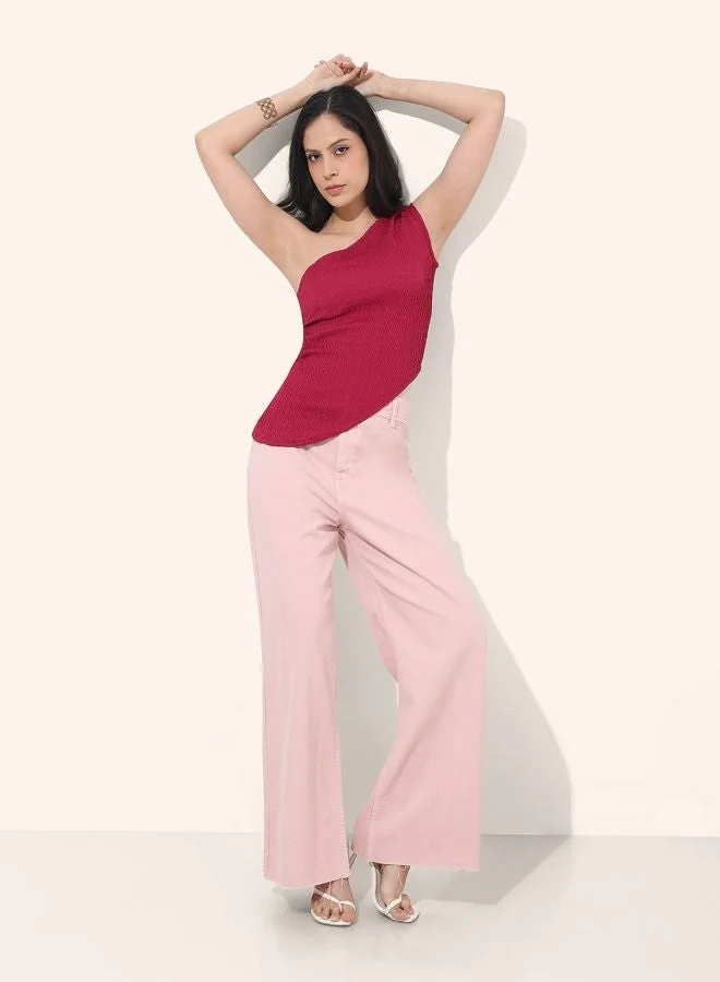 Freehand Women Regular Fit Textured One Shoulder Sleeveless One Shoulder Top