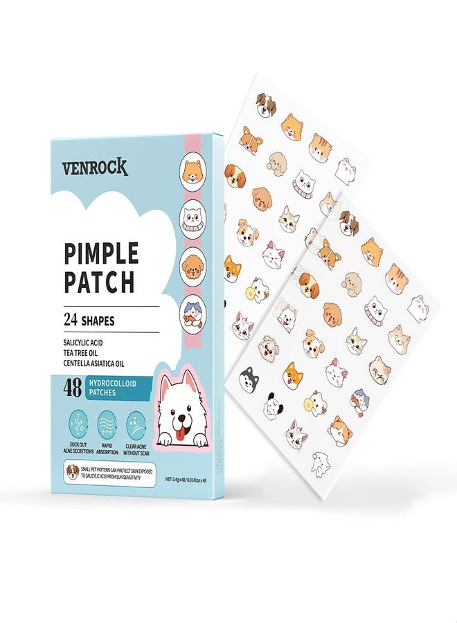 VENROCK Pimple Patches for face,24 Cute Pet Shapes 48 Count Hydrocolloid Acne Treatment for Covering Zits & Blemishes Spot for Kids & Adults, with Salicylic Acid, Tea Tree Oil, Centella Asiatica Oil - Image 1