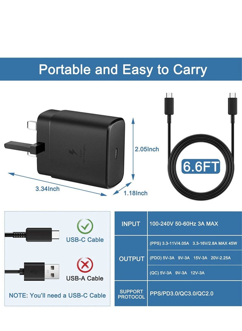 شاحن USB C فائق السرعة بقوة 45 وات بمقبس USB C متوافق مع Samsung Galaxy S22 Ultra/S22+/S22/S21 Ultra/S21+/S21/S20/Note20/Note10/S10، Galaxy Tab S7/S7+/S8/S8+/S8 Ultra، شاحن PPS مع كابل USB C سريع بطول 1 متر - Image 3