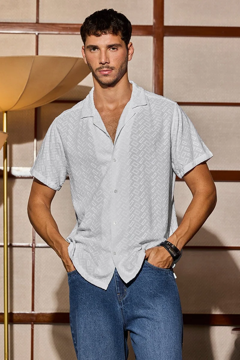 سنيتش White Geometric Half Sleeve Boxy Shirt