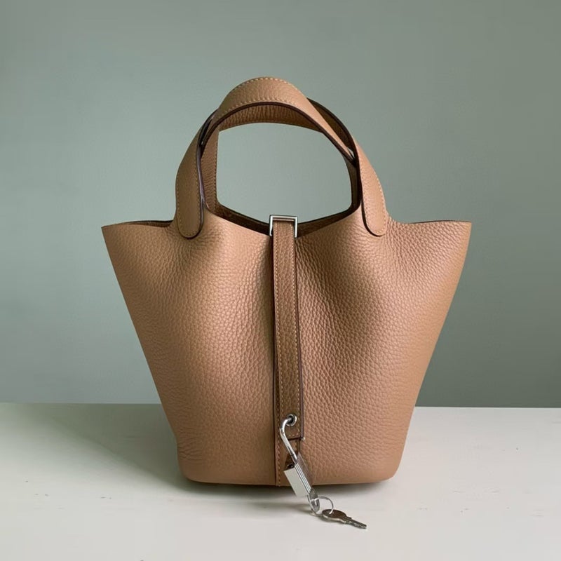 18cm Wax Line Hand Sewed TC Top Layer Cowhide Vegetable Basket Bag Bucket Bag Genuine Leather Womens Bag Handbag Milk tea color 