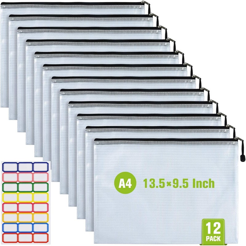 ASTEN 12 Pcs Plastic Mesh Zip File Bags, Waterproof Tear-Resistant Document File Folders, A4 Size Zipper Documents Pouch Document Organizer Bags for School Office Home Travel Storage(13.5×9.5Inch) - Image 1