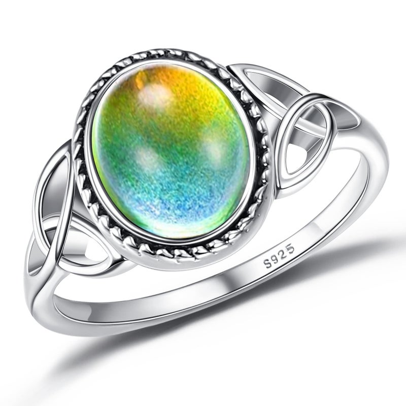 ADRAMATA 925 Sterling Silver Mood Ring for Women Vintage Celtic Knot Rings Jewelry 18K White Gold Plated Handmade Oval Solitaire Ring Temperature Control Color Change Mood Rings Size 8 - Image 1