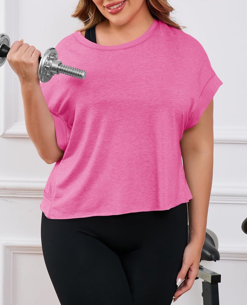 Fisoew Womens Plus Size Open Back Workout Tops Backless Short Sleeve Athletic Shirt Running Crop Top Gym Yoga T-Shirt Pink - Image 2