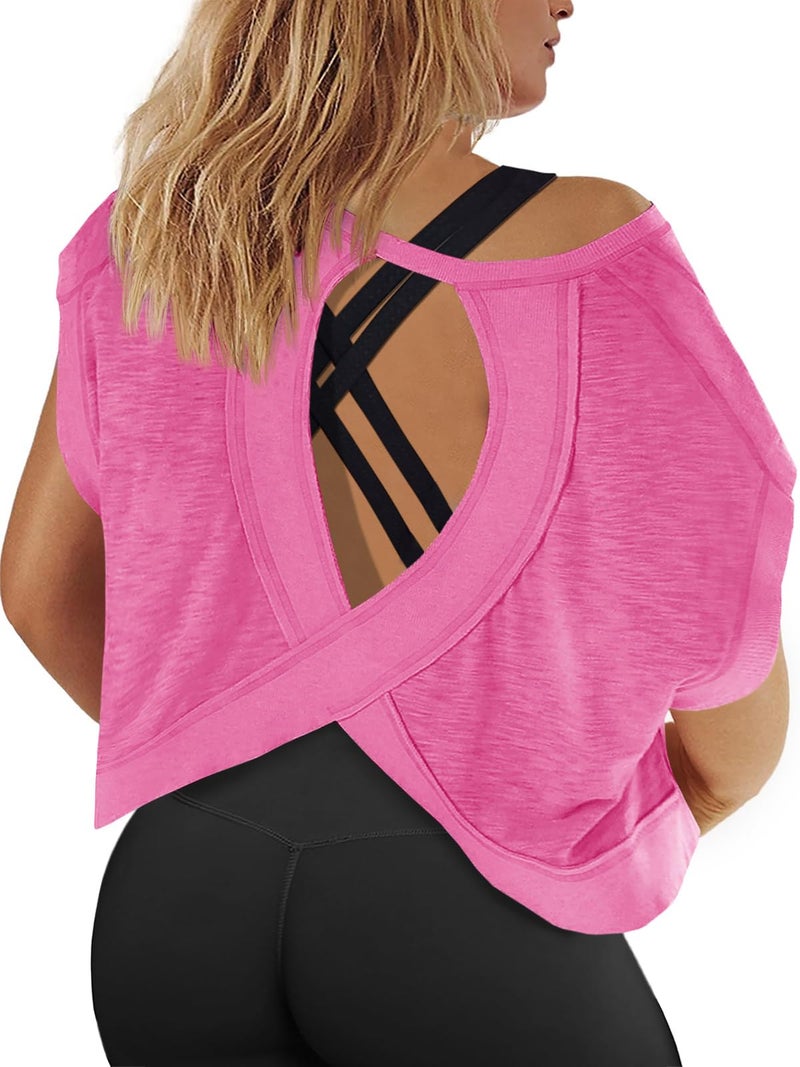 Fisoew Womens Plus Size Open Back Workout Tops Backless Short Sleeve Athletic Shirt Running Crop Top Gym Yoga T-Shirt Pink - Image 1