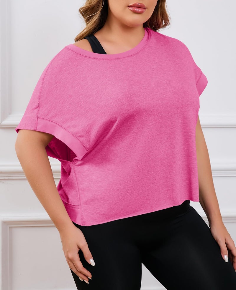 Fisoew Womens Plus Size Open Back Workout Tops Backless Short Sleeve Athletic Shirt Running Crop Top Gym Yoga T-Shirt Pink - Image 4