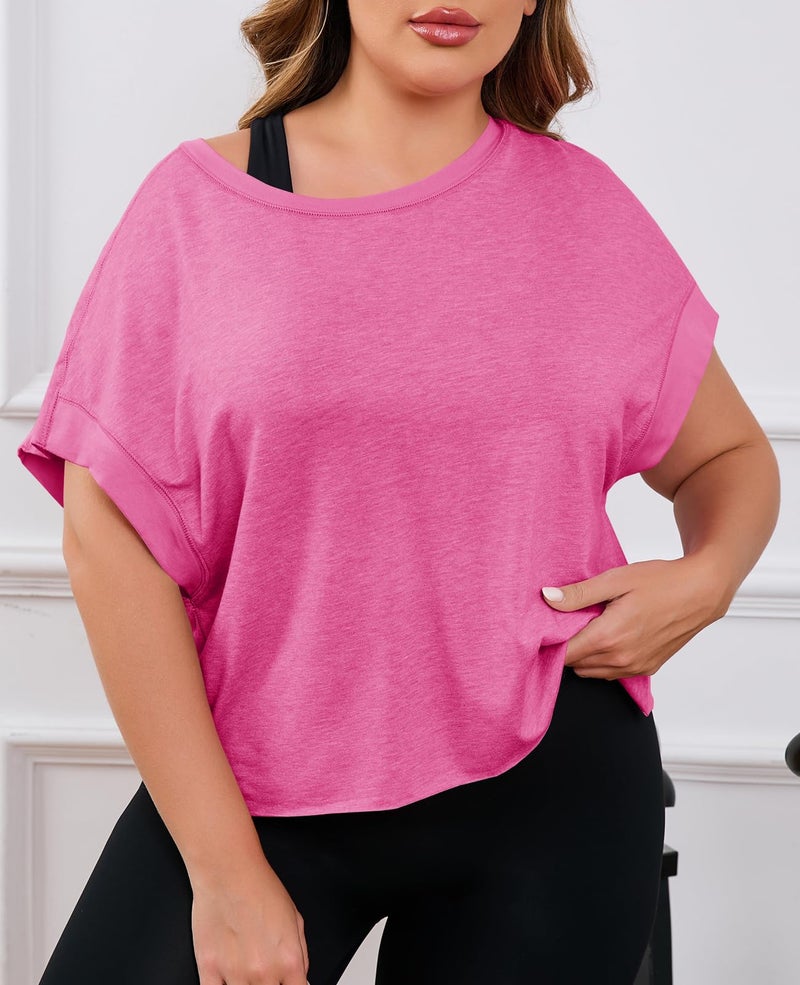 Fisoew Womens Plus Size Open Back Workout Tops Backless Short Sleeve Athletic Shirt Running Crop Top Gym Yoga T-Shirt Pink - Image 3
