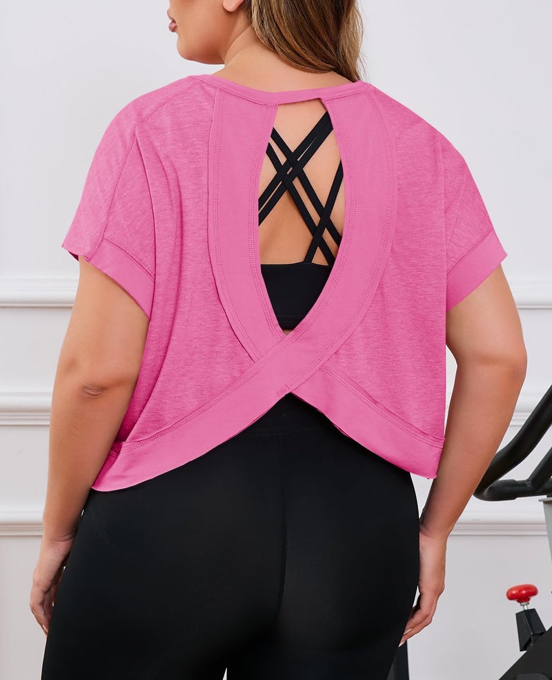 Fisoew Womens Plus Size Open Back Workout Tops Backless Short Sleeve Athletic Shirt Running Crop Top Gym Yoga T-Shirt Pink - Image 5